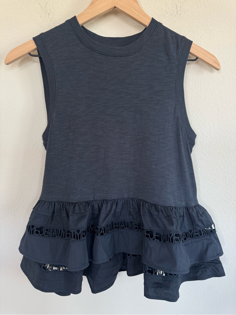 cinq a sept Navy Je t’aime  Lace Ruffle Peplum Tank Top Quiet Luxury Small